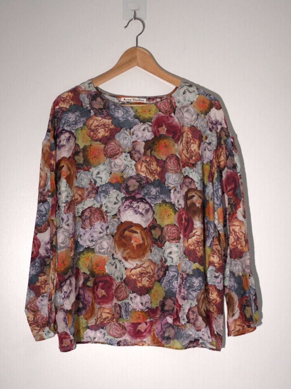 Acne Studios Brenna Multicolor Flower Print 100% Silk Oversized Blouse Top
